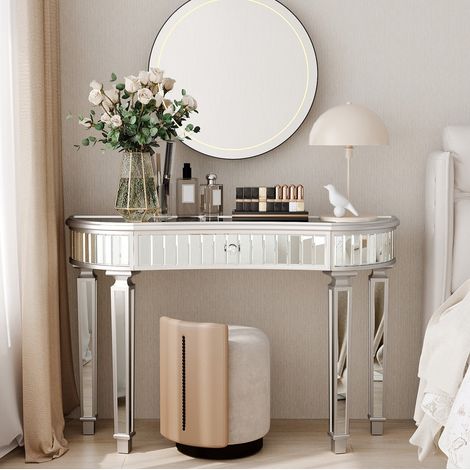Table console en MDF et verre miroir 120 x 38 x 78 cm gris et argent avec tiroir, forme demi-lune (1/5)