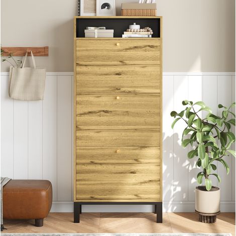 Scarpiera in MDF color naturale 63 x 24 x 147 cm con 3 ante a ribalta e vani aperti (1/5)