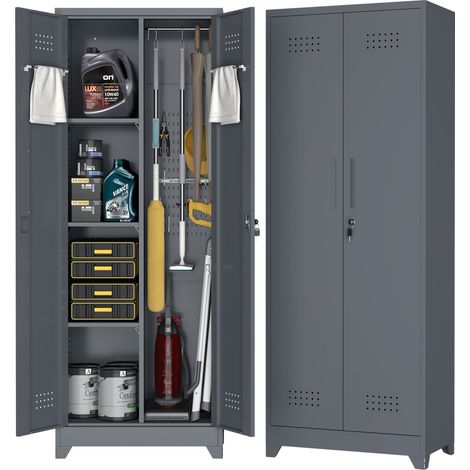 Armoire de rangement métallique 60x40x165 cm pour outils de nettoyage, portes verrouillables, étagères, tringle et crochets S - Gris (1/5)