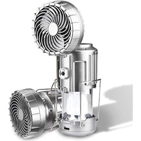 Lanterne de camping à LED extérieure portable 6 en 1 avec ventilateur, lampe de ventilateur électrique de levage et d'étirement solaire, lumières de lanterne de camping pliables (Argent) (1/5)