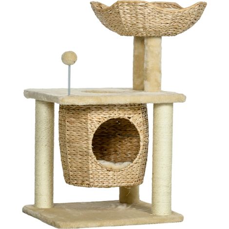 Arbre à Chat 45x40x74cm Beige avec Griffoir, Grotte et Balle - Tour d'Escalade et Couchage pour Chats 5kg - Petit Modèle (1/5)