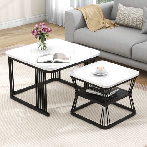 DESMIU Tables Basses Gigognes Carrées avec 2 Plateaux en MDF Effet Marbre Brillant et Pieds en Acier Salon (1/5)