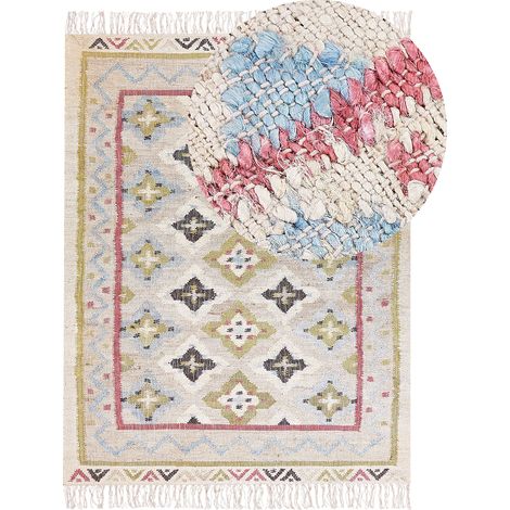 Alfombra de yute beige verde azul marrón rosa 160 x 230 cm a mano borlas Terkos