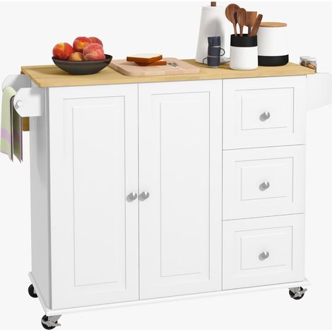 Kitchen Island with Drop Leaf, Rolling Kitchen Storage Trolley on Wheels with 3 Drawers, Spice Rack and Towel Rack, Storage Cart with Rubber Wood Top, White