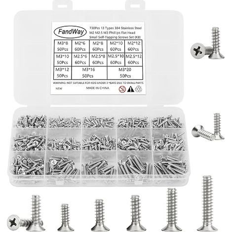 Countersunk Head Phillips Self-Tapping Screws, M2 M2.5 M3 Small Flat Head Wood Screws 304 Stainless Steel, Mini Sheet Self-Drilling Fully Threaded For Furniture Soft Metal Plastic. (1/5)