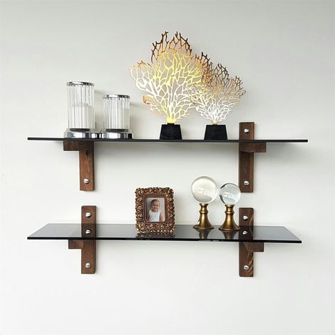 Étagère murale en verre fumé - supports bois foncé (lot de 2) LHASA (1/5)