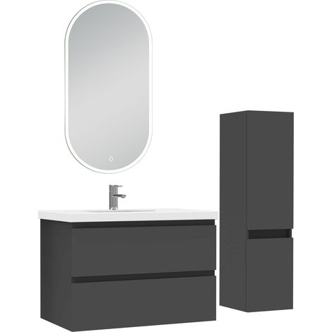 Acezanble ensemble meubles Salle de Bain 80cm vasque + colonne + miroir LED Anthracite