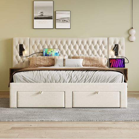 Cama doble 160x200 cm beige de terciopelo con mesitas, 4 cajones, luces de lectura y carga USB-C (1/5)