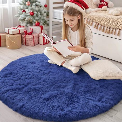 Tapis à poils longs, antidérapant, partie inférieure lavable, grand tapis pour salon, chambre d'enfant, chambre à coucher, 200 cm, rond, bleu marine (1/4)