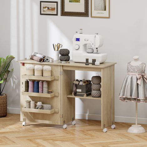 Table de couture pliante meuble couture à abattant avec bacs de rangement, étagère ouverte et roulettes, bois naturel (1/5)
