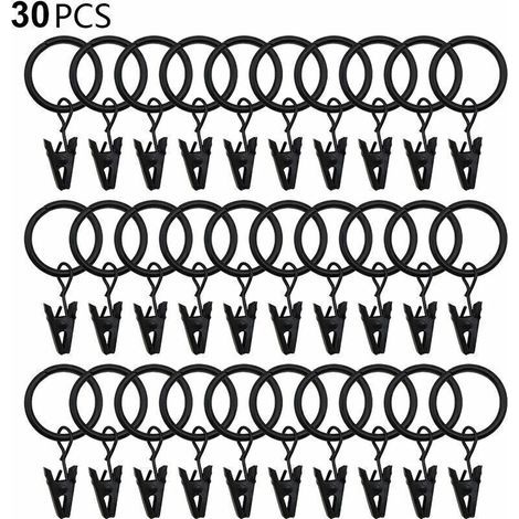 30 Anneaux de Rideaux en Métal Noir avec Pinces Solides pour Tiges de Tension – Diamètre Intérieur Standard pour Rideaux Décoratifs (1/5)