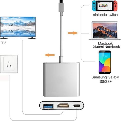3en1 USB 3.1 Tipo C USB-C a HUB hembra 4K HDMI Cable adaptador de carga de datos HDMI