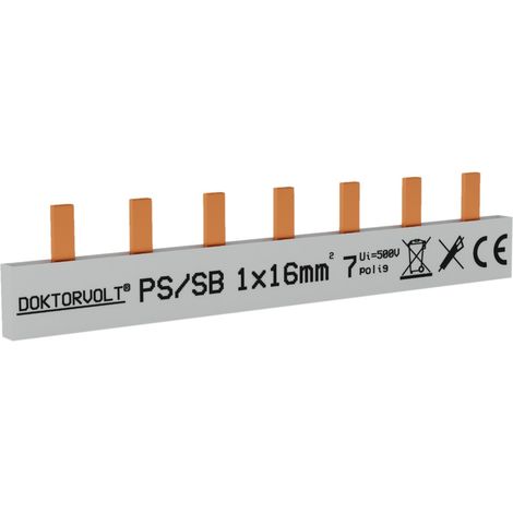Barra di distribuzione monofase a 7 moduli con connettore a 16 mm² per quadro elettrico.