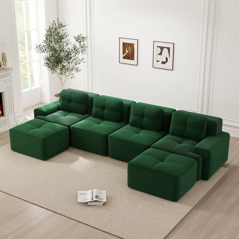 Canapé modulable en U sans structure, méridienne incluse, velours côtelé vert, 4 places spacieux et moelleux, style nuage, prêt à l’emploi, antidérapant, sans assemblage pour salon. (1/5)