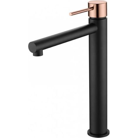 Mice - Grifo de lavabo con caño alto - Griferia monomando de baño de caño alto sobre encimera para lavamanos Color Negro Mate y Oro Rosa (1/6)