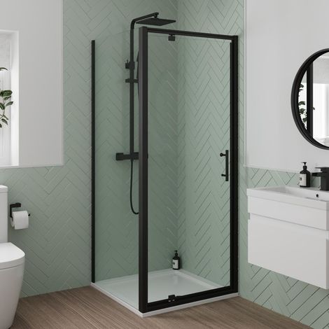 800 x 800mm Pivot Shower Door Side Panel Enclosure 6mm Glass Black Framed (1/4)