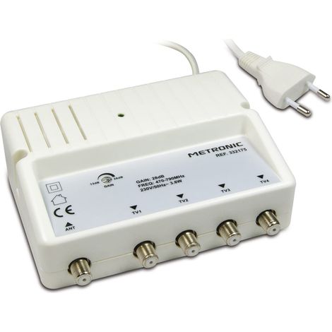 Amplificateur Répartiteur Antenne TV TNT Intérieur Blindé Réglage de Gain 28 dB - 4 Sorties fiche F - Fréquence 470-790 MHz- Alimentation Secteur - Blanc (1/5)