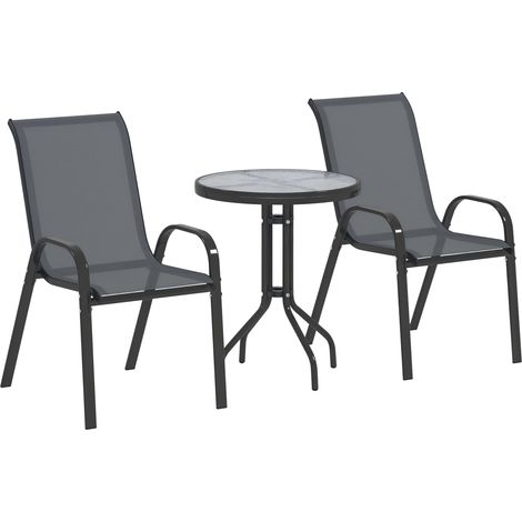 Conjunto de jardín de 3 piezas que incluye 2 sillas de jardín (54 x 71 x 93 cm) y una mesa auxiliar redonda (Ø 60 x 71 cm) en acero gris oscuro.