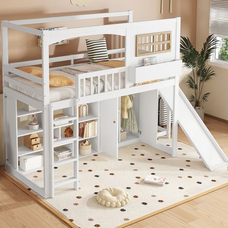 Multifunktionales Etagenbett mit Rutsche und Kleiderschrank, Kinderbett 90x200 cm mit Stauraum, Rausfallschutz und Leiter, Kiefer Weiß (1/5)