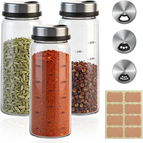Lot de 3 pots à épices en verre de 300 ml avec couvercle rotatif - Grand pot à épices hermétique - Avec 3 types de trous à épices - Pour cuisine, barbecue, cuisson (1/5)