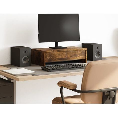 Support de moniteur avec tiroirs chêne fumé bois d'ingénierie (1/5)