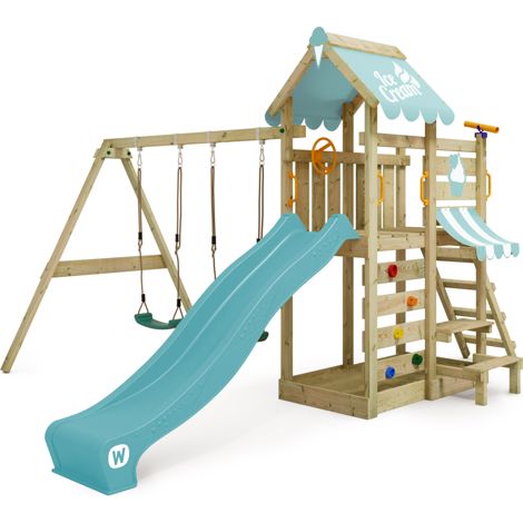 Parque infantil de madera Wickey VanillaFlyer con Columpio y Tobogan en azul cielo