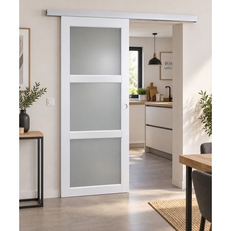 Puerta corredera Kenya blanca con vidrio H204 x L73 cm, riel de aluminio, conchas blancas, GD MENUISERIES (1/5)