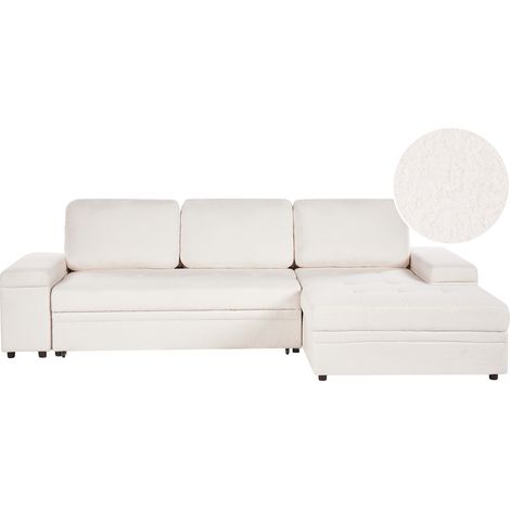 Sofá cama esquinero de tela con respaldo de bouclé blanco izquierdo Hrisey