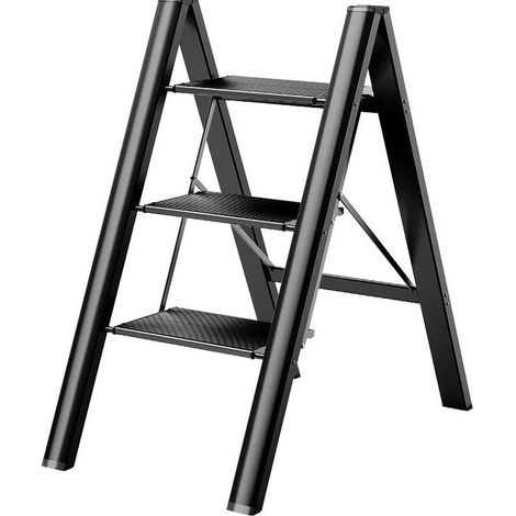 Échelle escabeau pliante 3 marches en aluminium noir, légère et compacte, marches larges antidérapantes, pour maison et cuisine, charge 150 kg - CHICFURN (1/5)