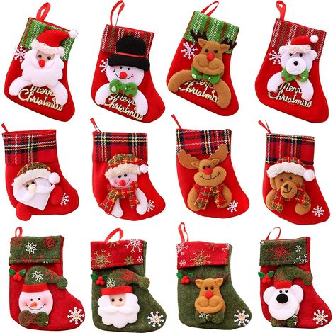 12 Chaussette de Noël, Mini décoration 3D, Tissu rouge et vert, Pour sapin cheminée (1/5)