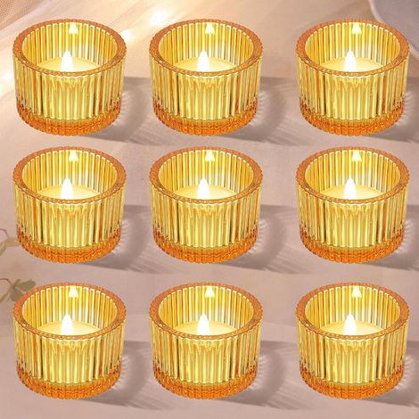 Bougeoirs Verre Jaune Orange, 5,2 cm × 3,5 cm Porte Bougie Support Stable, Surface Nervurée, Résistance Thermique, Ambiance Chaleureuse, Mariage, Anniversaire, Noël (1/5)