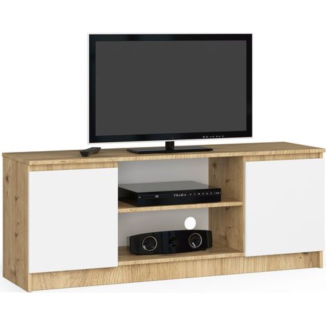 TV Schrank AKORD Fernsehkommode 140 cm Eiche Artisan 2 Türen 2 Ebenen Front Weiß B140 x H55 x T40 cm (1/3)