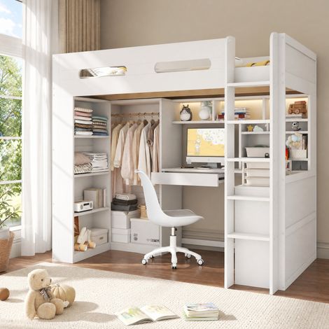 Cama alta 90 x 200 cm con escritorio, armario, almacenaje, LED y USB blanca DESVIAE (1/5)