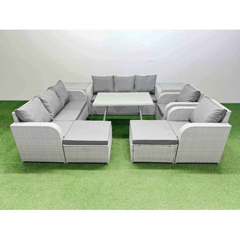 Fimous Rattan High Back Lounge Sofa Set Patio Dining Table & Chairs Set with 3 Seater Sofa 2 Reclining Chairs 2 Side Tables 2 Big Stool Light Grey (1/4)