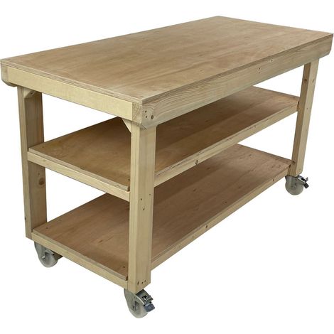 Wooden Eucalyptus PLY Top Workbench, 4ft (120cm) With wheels and Double shelf