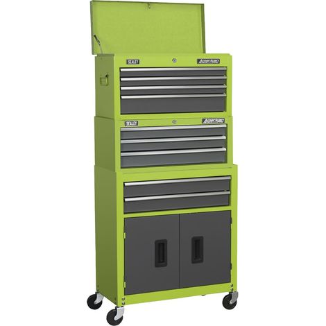 Sealey Topchest, Mid-Box & Rollcab 9 Drawer Stack - Hi-Vis Green AP2200BBHVSTACK (1/5)