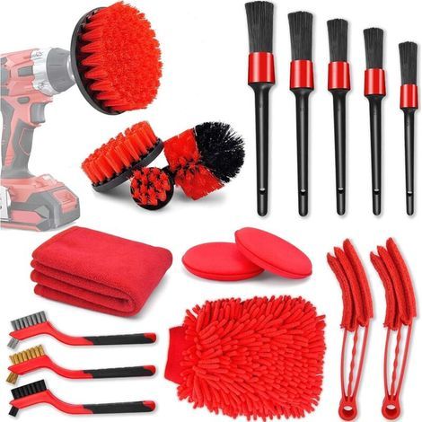 Kit d'outils de nettoyage de voiture 18 pièces avec ensemble de brosses de détail de voiture, ensemble de brosses de perceuse de détail automatique, kit de nettoyage de voiture pour nettoyer les roues (1/5)