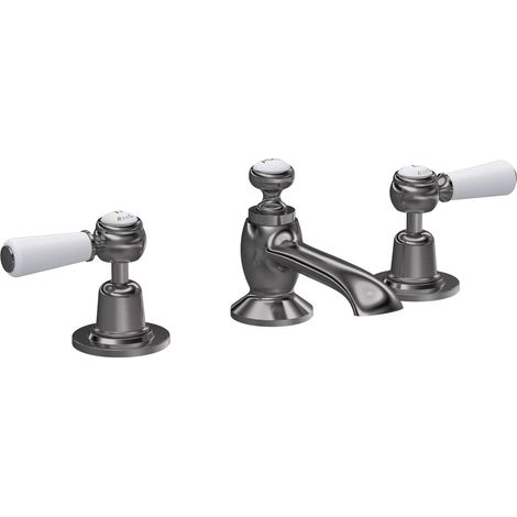 Hudson Reed Topaz Lever 3-Hole Basin Mixer Tap Deck Mounted with Pop Up Waste - Brushed Pewter (1/2)