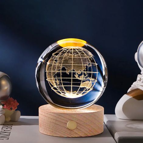 Boule de cristal 3D LED, 80 mm, rechargeable par USB, globe en verre gravé, lampe de chevet avec socle en bois, astronomie, apprentissage, lampe cadeau éducative pour la décoration intérieure, lumière (1/5)