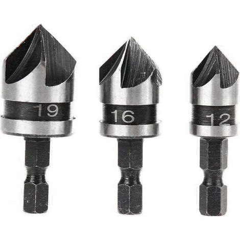 3-Piece 90 Degree 5 Flute Chamfering Bit Set for Wood and Metal, Quick Change 1/4" Hex Carbon Steel Chamfering Drill Bit, Wood Chamfering Cutting Tool, 12/16/19mm (1/4)