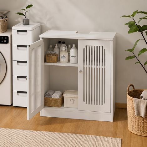 Meuble vasque blanc sans lavabo, armoire de salle de bain sur pied, double porte, façade à lattes, rangement salle d'eau. (1/5)