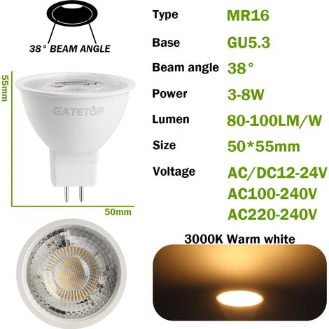 Lampes de croissance pour plantes (38 degrés 3000K, AC100-240V, 5w)10PCS Ampoule LED MR16 Spot GU5.3 Lampada Bombillas Spot Light (1/5)