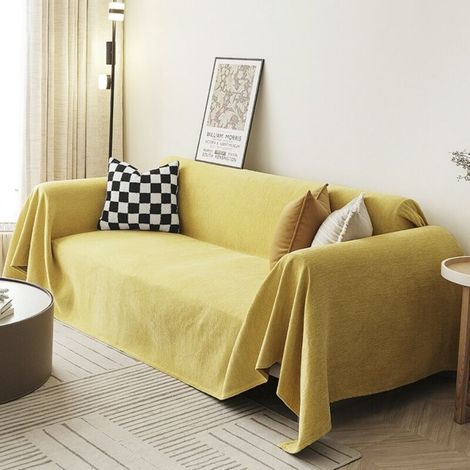Jaune vif 180x180 Housse de canapé en chenille, couleur unie, anti-griffures de chat, toutes saisons, couverture intégrale (1/5)
