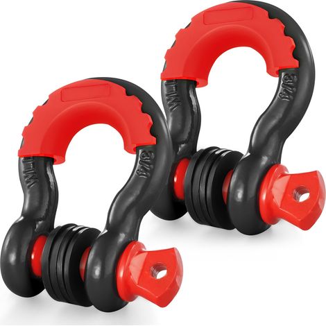 Manille à anneau D 19 mm, lot de 2 manilles de remorquage acier allié, résistance à rupture 28,5 t avec goupille à vis 22 mm, isolateurs et rondelles, récupération pour VTT, camions, jeep, noir (1/5)