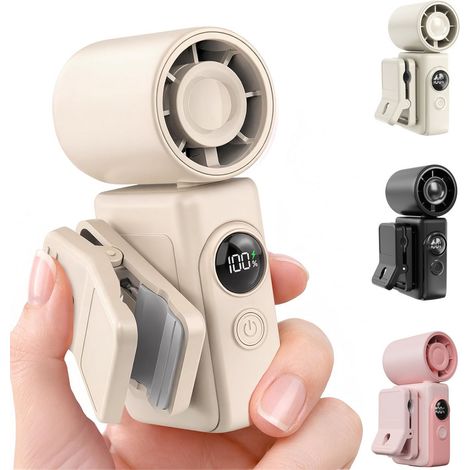 2-in-1-Tragbarer Ventilator mit Clip – 9 cm – 13.500 U/min Turbo – Handventilator – LCD-Display – für Kinderwagen, Schreibtisch, Reisen, Spaziergänge – Beige (1/5)