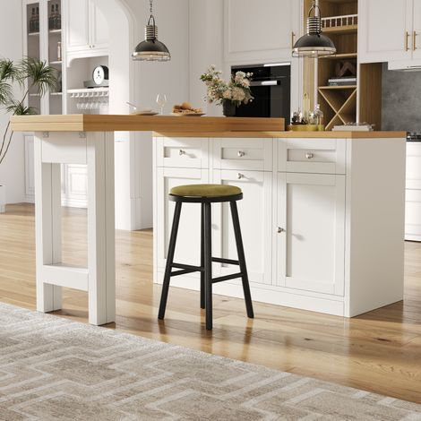 REDOM - Mesa de bar 120x40x76 cm, extensible a 200 cm, con cajón y almacenaje, soporte extraíble, MDF blanco (1/5)