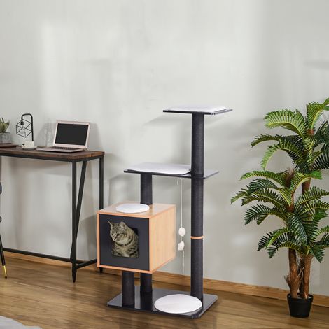 Tiragraffi dal design contemporaneo con pali in sisal naturale, centro attività, cuccia, piattaforme, area gioco e palline sospese. 71,5L x 49,5W x 120H cm. MDF di faggio nero.