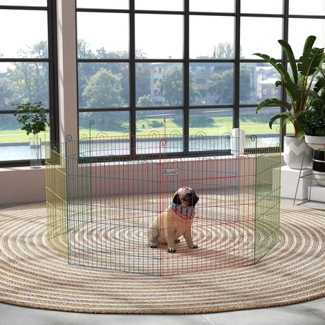 Parque Plegable para Perros de 8 Paneles Ø156x60 cm Valla Metálica con Puerta Estacas Interior Exterior Multicolor (1/5)
