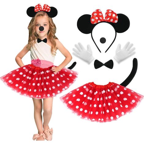 Costume di Minnie Mouse per bambine, set da 7 pezzi con gonna in tulle a pois da principessa, cerchietto con orecchie, guanti, papillon, naso, coda e gonna bianca a pois per cosplay, Halloween e Natal