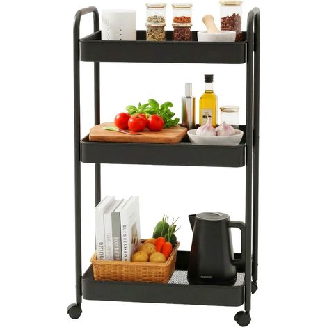 Chariot , 3 étages en Maille, desserte Cuisine/sdb/Bureau, H×L×P 78×43×30 cm, métal Noir (1/5)